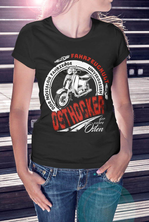 Damen T-Shirt Schwarz mit Logo Gross Farbe Rot Druck vorn